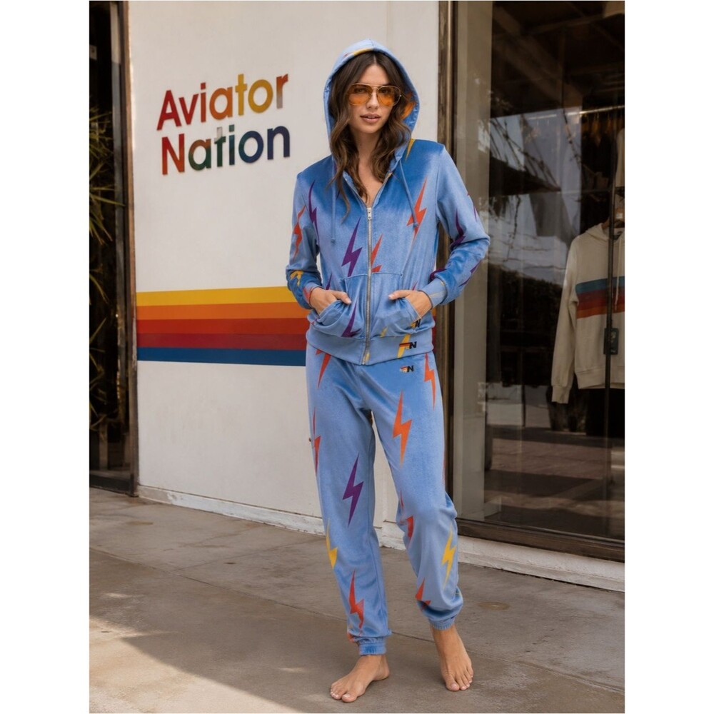 Aviator Nation Velvet Blue Lightning Bolt Full Zip Hoodie and Joggers